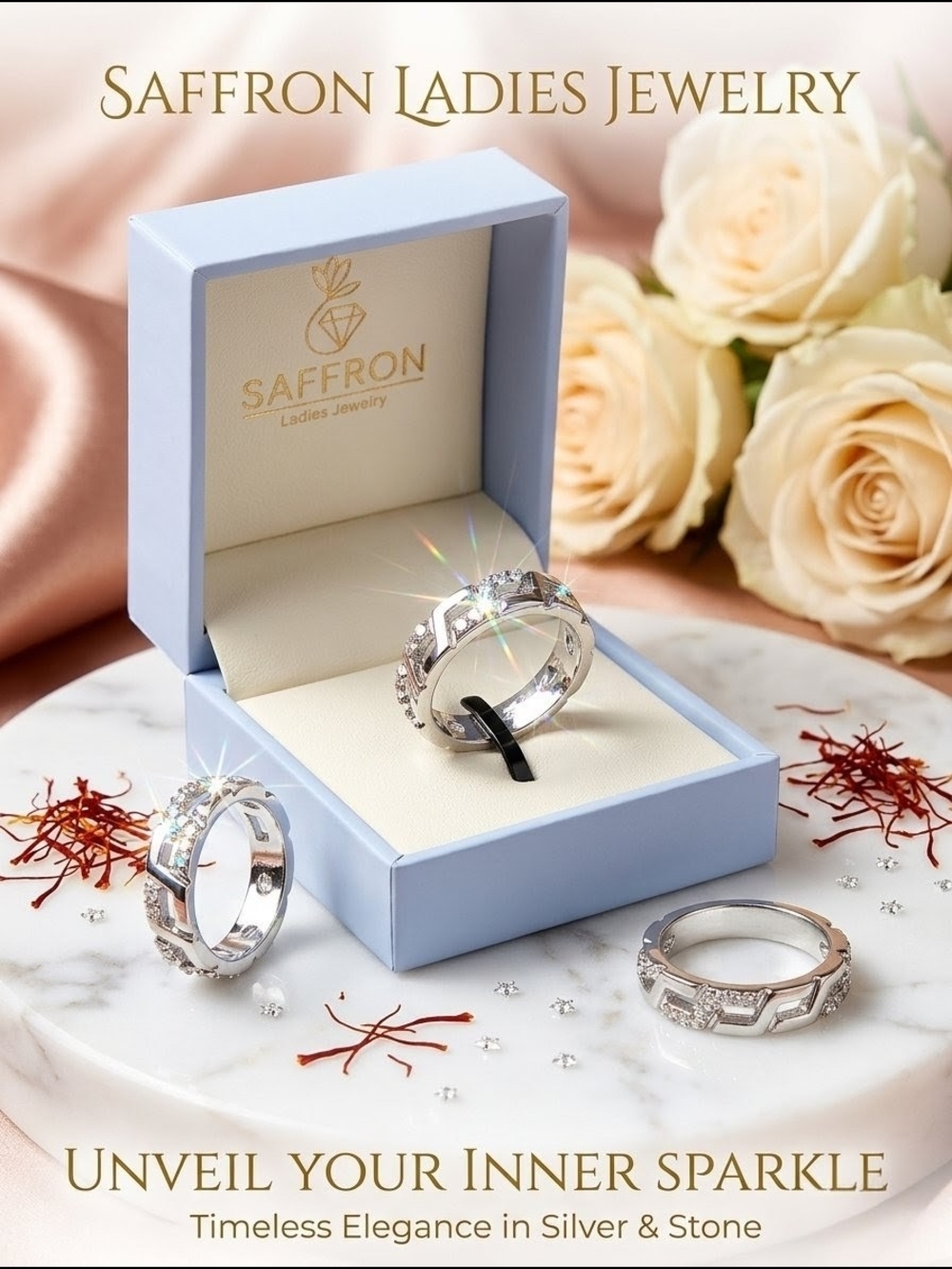 Saffron Crystal Greek Key Band Ring - Silver Tone & Cubic Zirconia Size 9